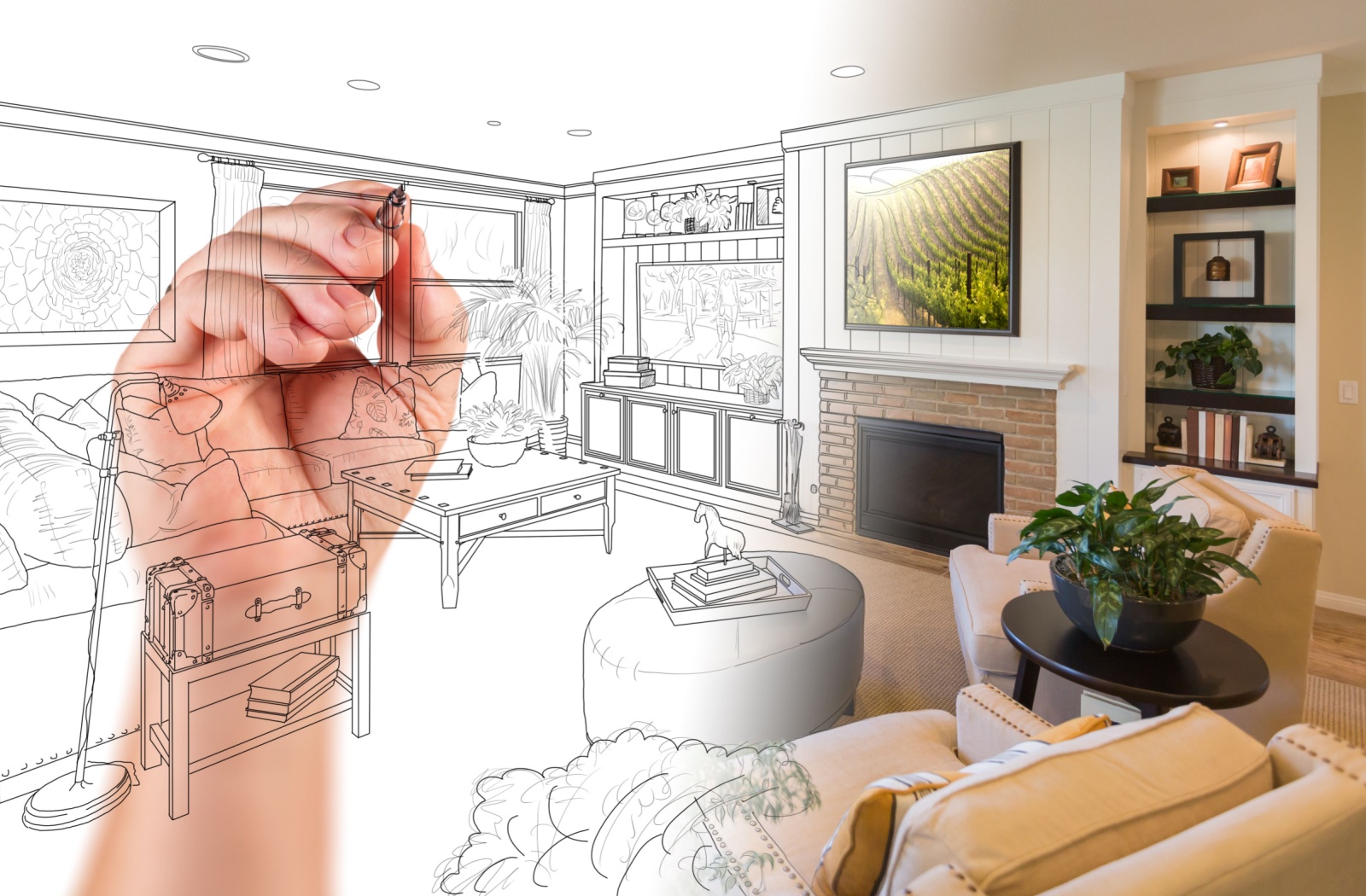 A hand illustrates blueprints for a potential home renovation on the left while the right side shows a photo of the finished project.