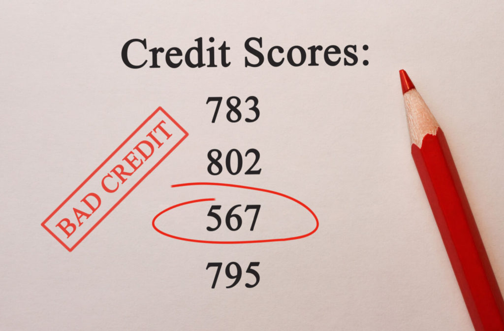 Credit scores 567 in a red circle and a red bad credit stamp.