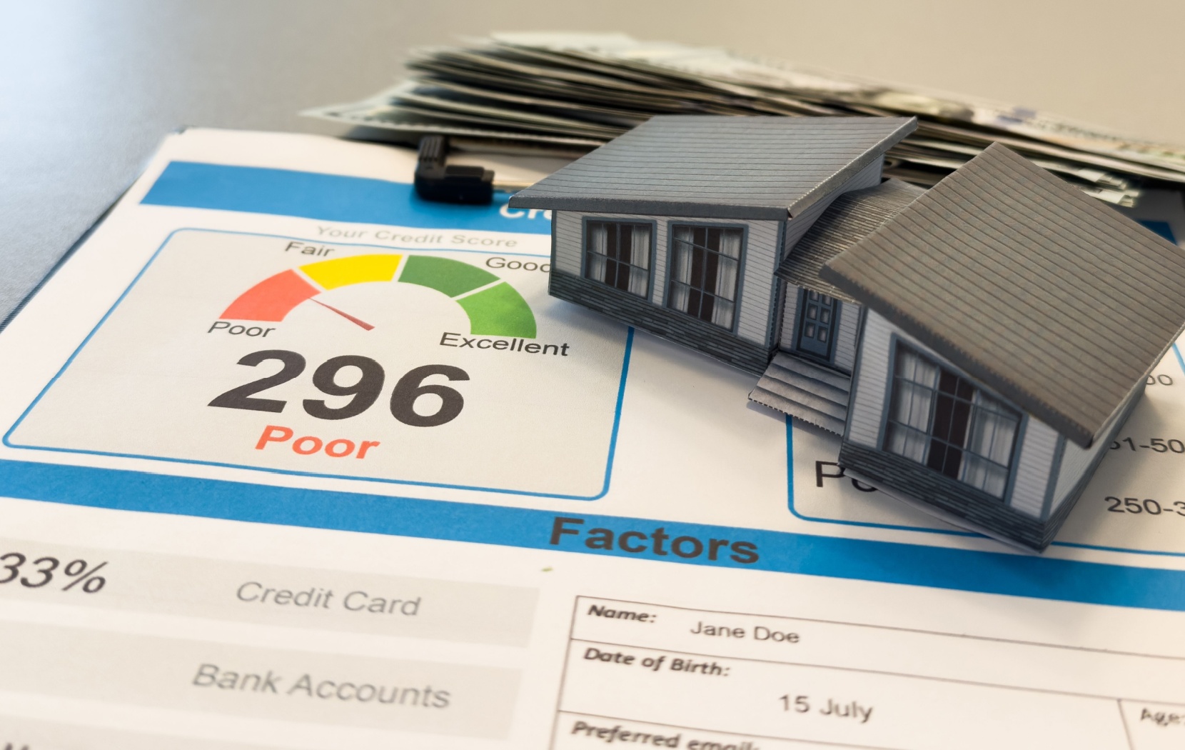 A miniature house sits on top of a person's credit report. The credit report shows that they have a poor credit score.