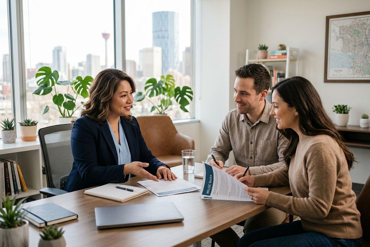 A mortgage broker meeting with clients to discuss the basics of a home equity line of credit.