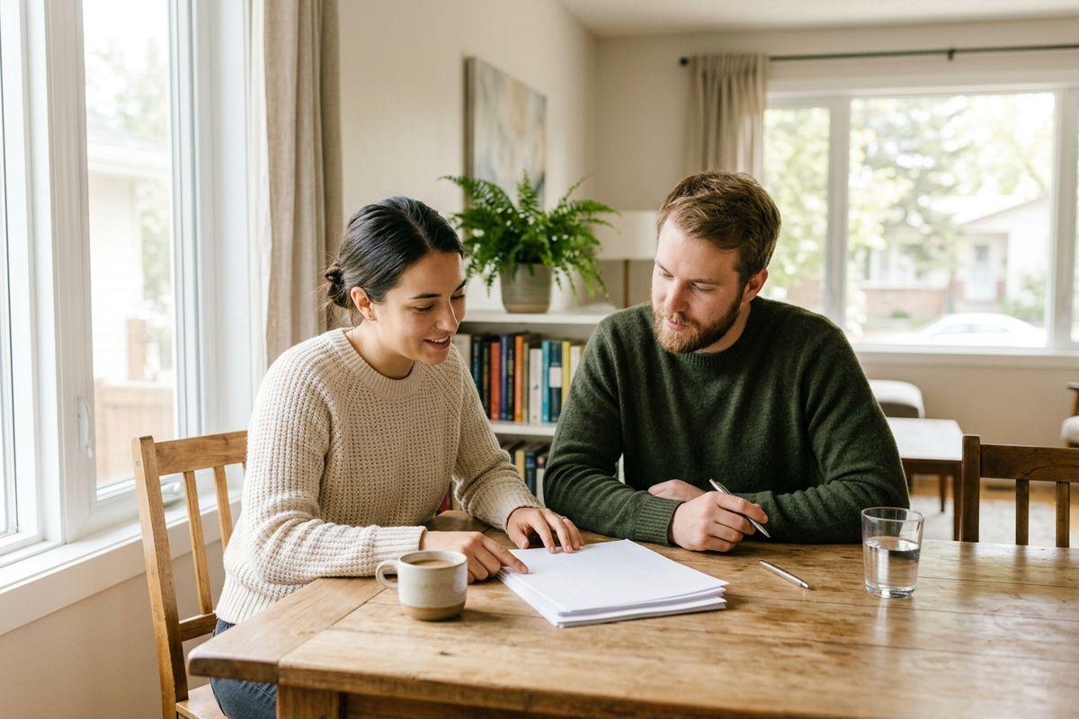 A couple going over the documents they need for mortgage renewal at their kitchen table.