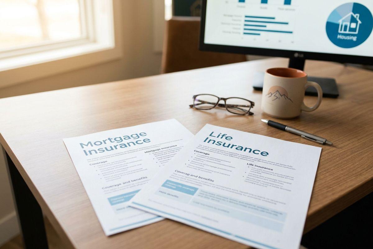 A document titled mortgage insurance and a document titled life insurance laying on a desk.