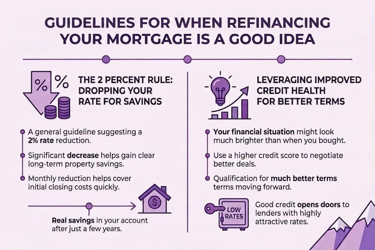 A infographic from Mortgage Connection in Calgary and Edmonton explaining when refinancing a mortgage is a good idea.
