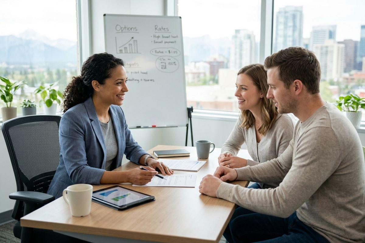 A mortgage broker discussing life insurance and mortgage insurance with clients.