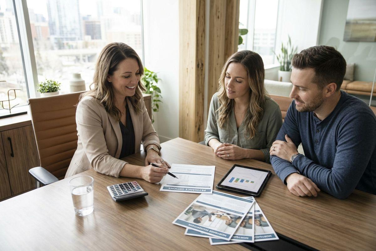 A mortgage broker explaining the pros and cons of refinancing a mortgage to their clients.