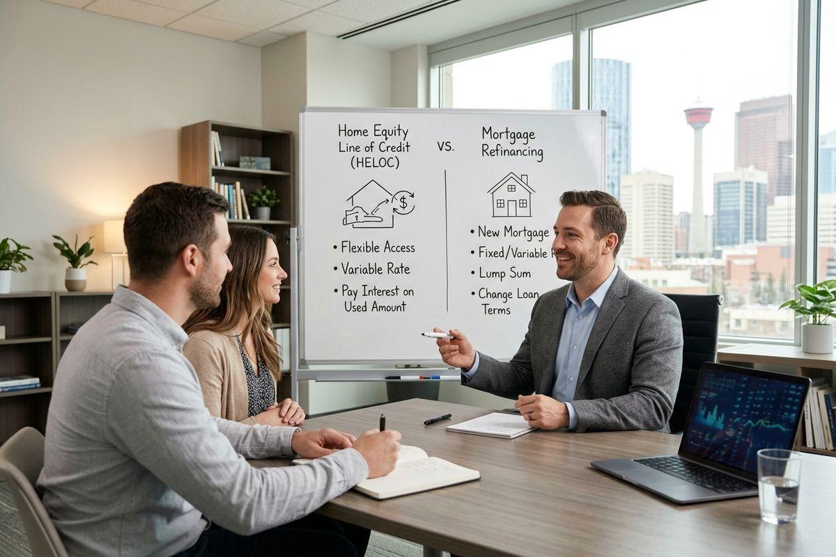 A mortgage broker explaining to clients the difference between a HELOC versus mortgage refinancing.
