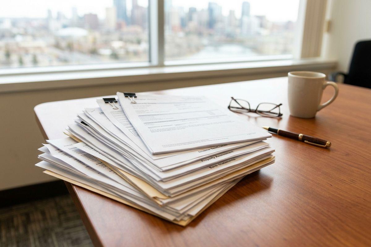 A stack of documents needed for mortgage approval sitting on a mortgage broker's desk.