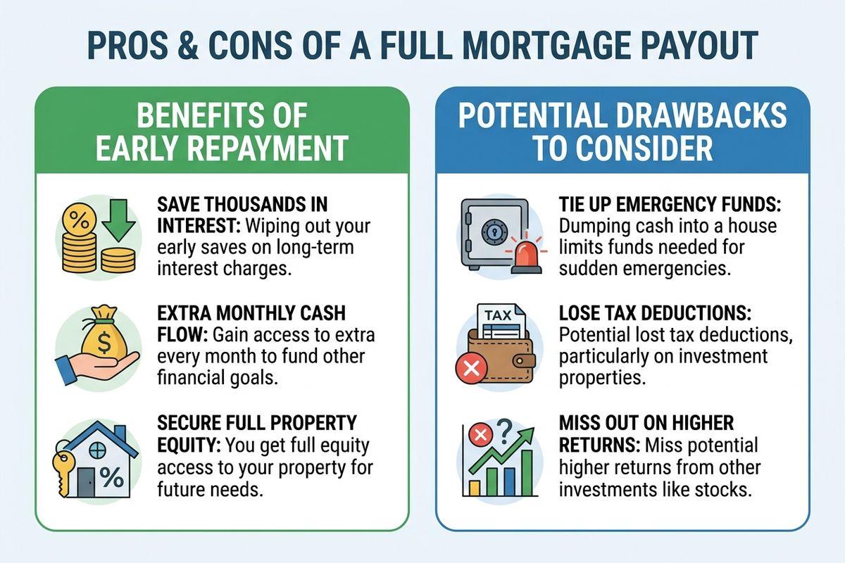 A infographic explaining the pros and cons of a full mortgage payout.