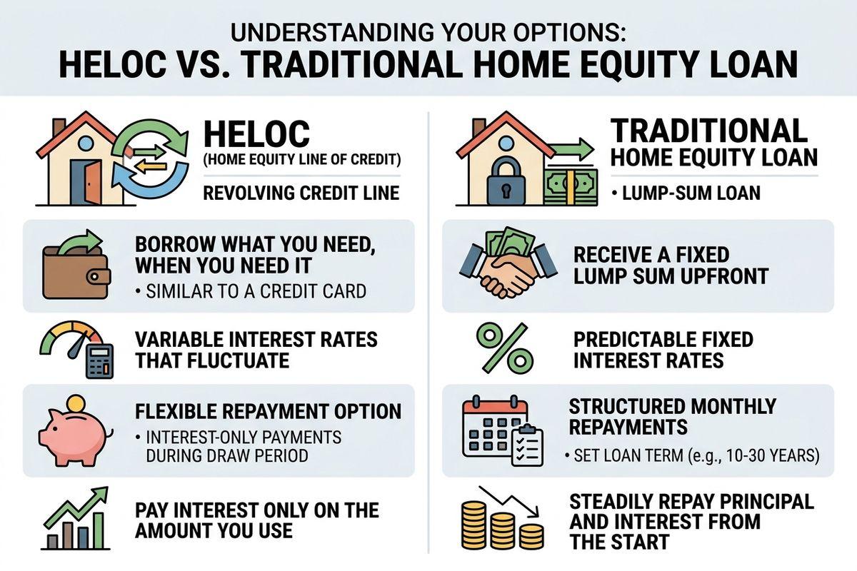 An infographic explaining the difference between a home equity line of credit and a traditional home equity loan.