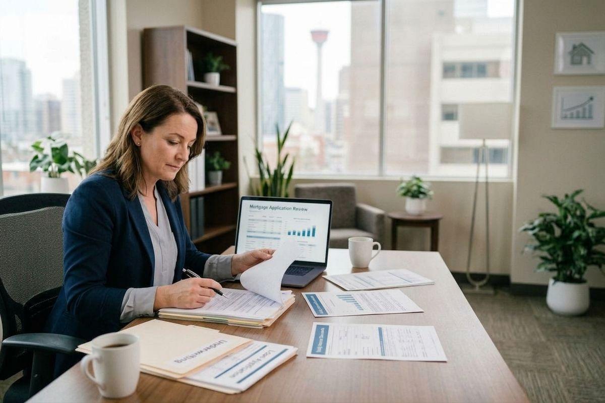 A mortgage broker reviewing mortgage underwriting documents.