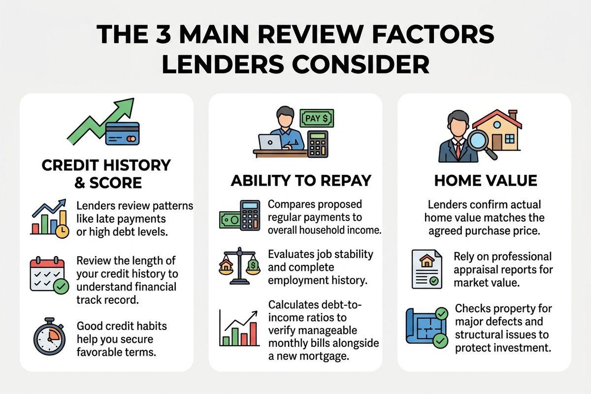 An infographic explaining the 3 main review factors lenders consider including credit history and score, ability to repay, and home value.
