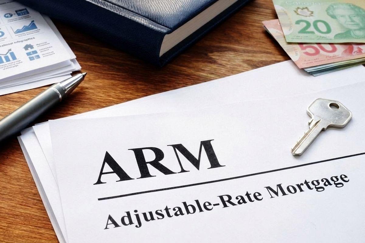 Document titled "ARM Adjustable-Rate Mortgage" on a desk with a key, pen, book, and Canadian banknotes.