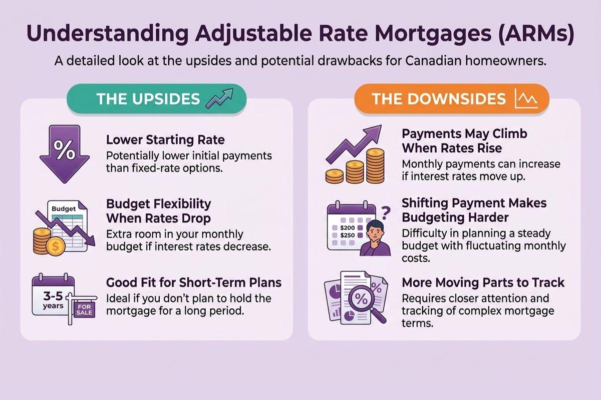 Infographic on Adjustable Rate Mortgages for Canadians, listing three upsides and three downsides with icons.