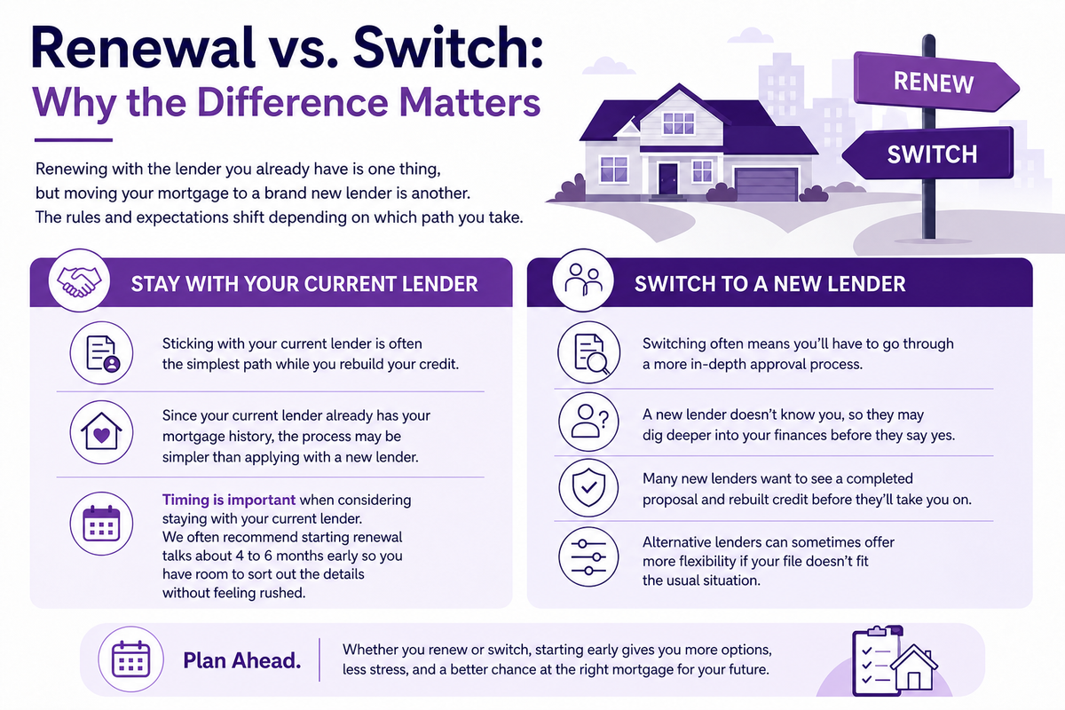 Infographic explaining the difference between renewing your mortgage with your current lender versus switching to a new lender.