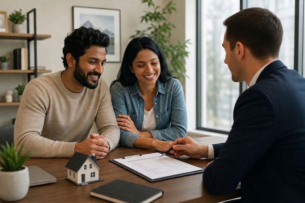 Smiling couple at a desk as an agent hands over a pen to sign a document, with a small house model nearby.