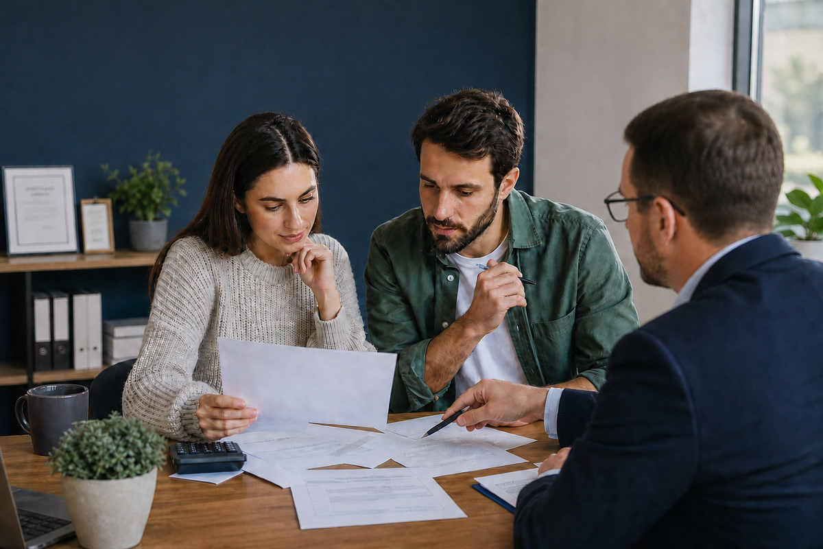Two people review documents at a desk with an advisor pointing at papers, calculator and plant nearby.