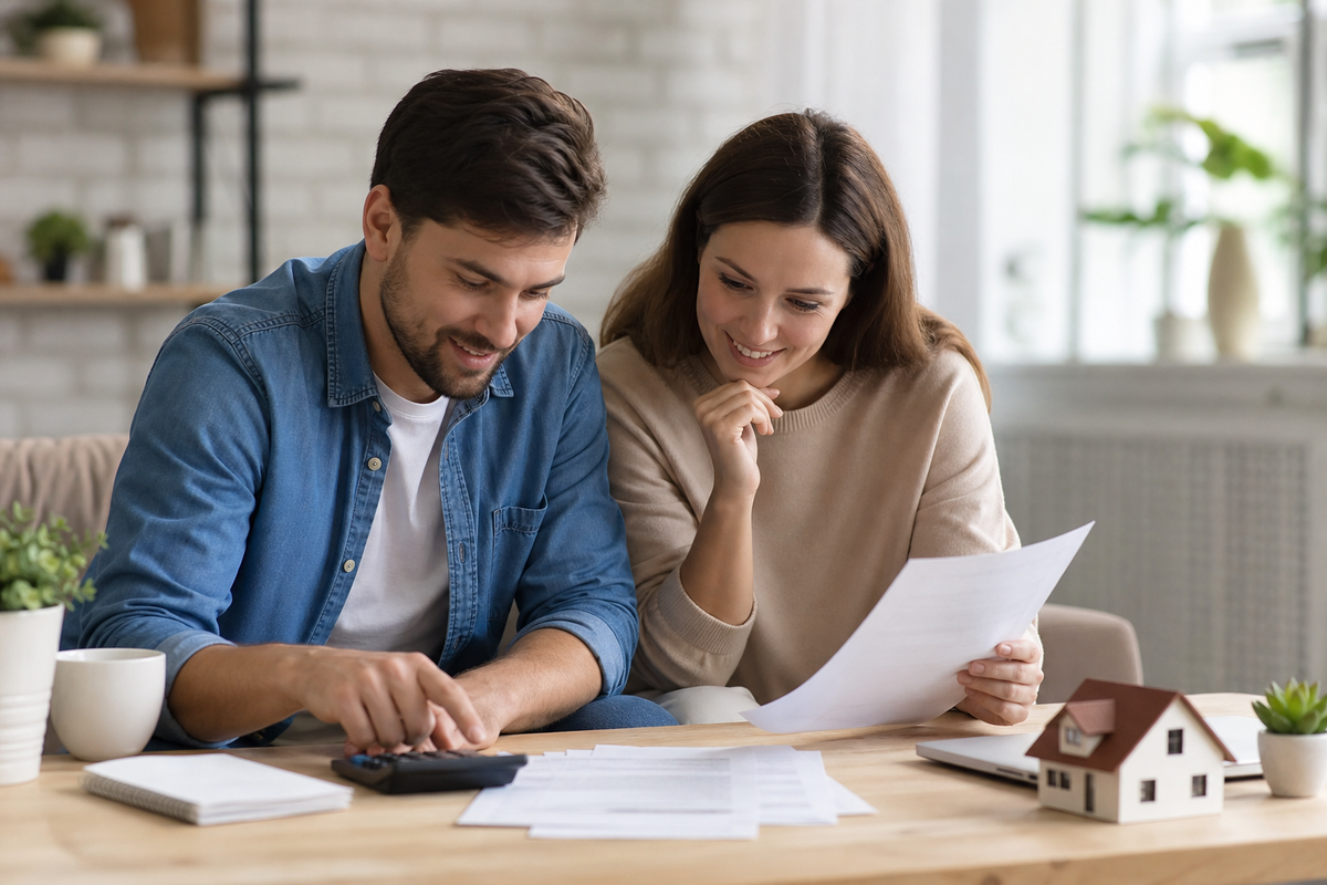 Two smiling adults review documents at a table with a calculator, papers, and a small model house.