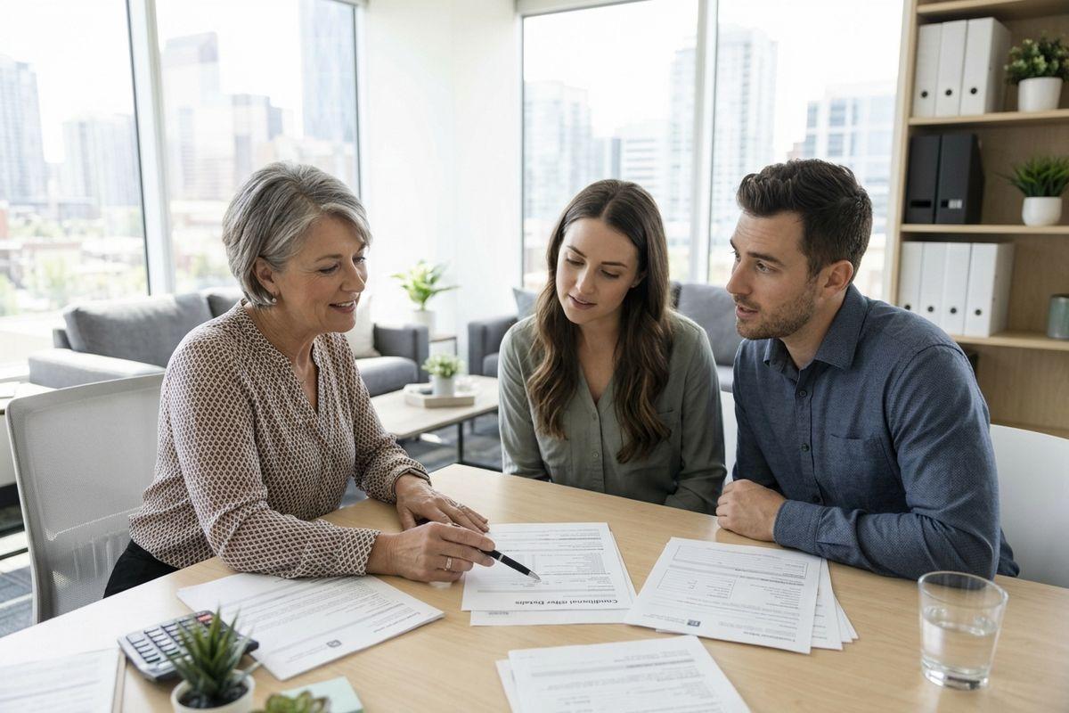 A mortgage adviser points to documents on a table while two clients listen, in an office with Calgary city views.