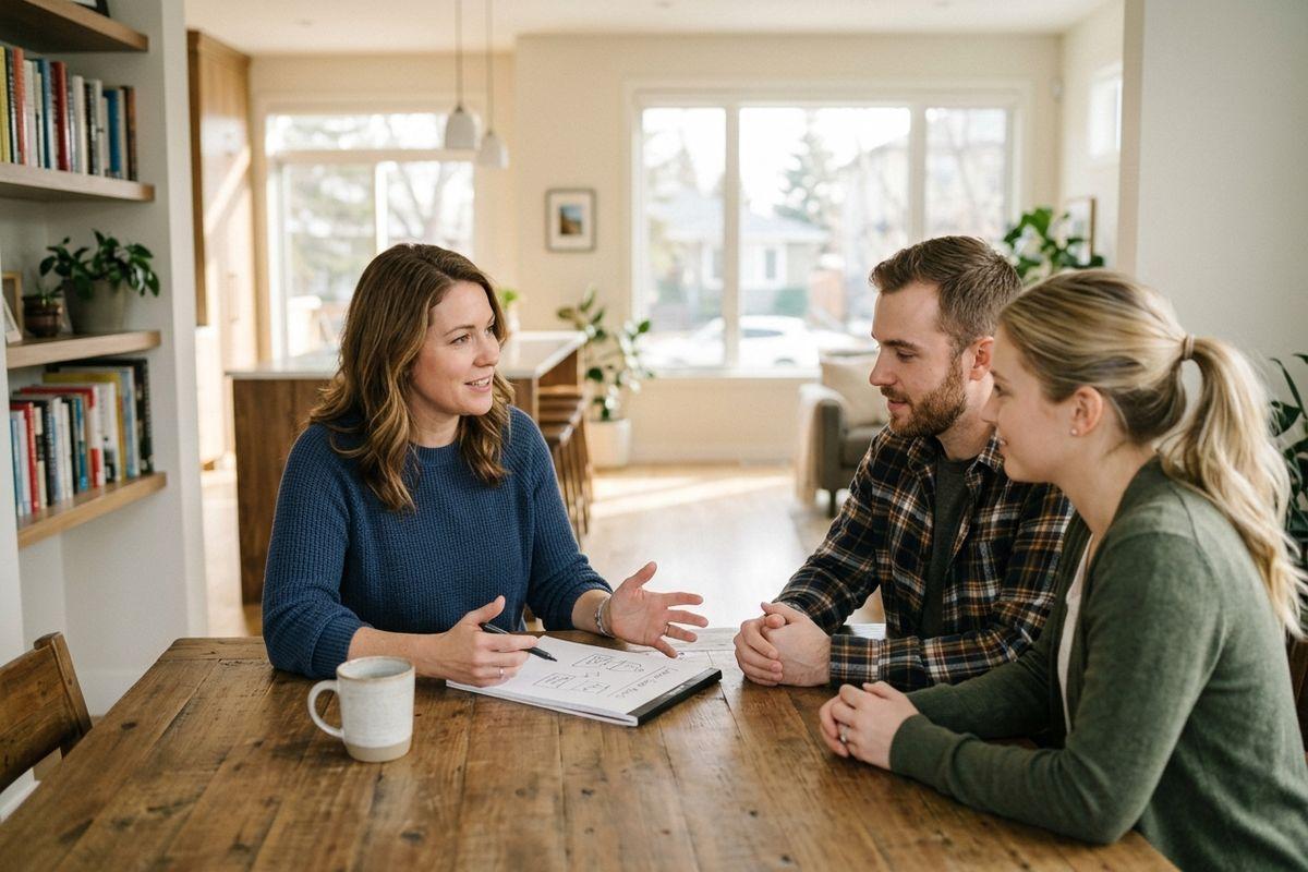 A mortgage broker with a document explains to two clients what a loan to value ratio is at a wooden table in a bright home.