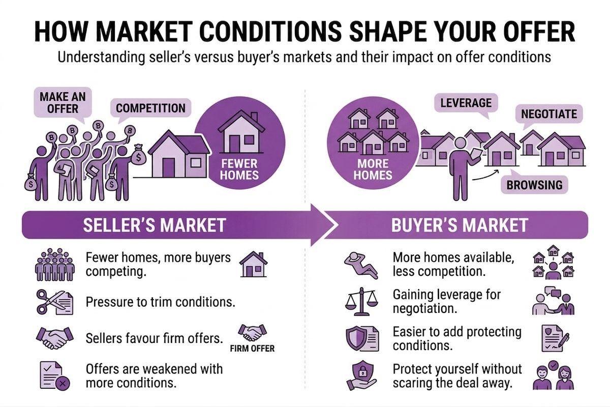 Infographic of how market conditions can shape your conditional offer when buying a house, depending on if it's a buyer's market or a seller's market.