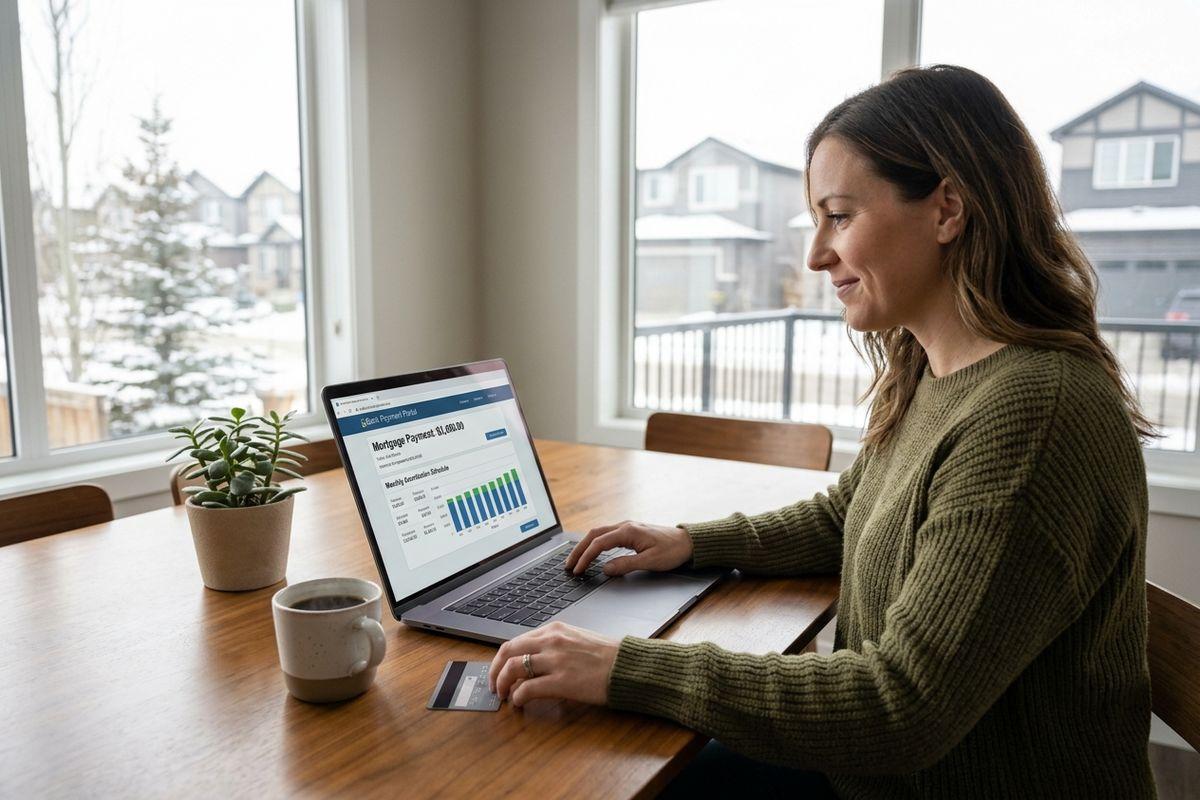 Person using a laptop showing "Mortgage Payment" portal at a wooden table with coffee, plant, and card near a window.
