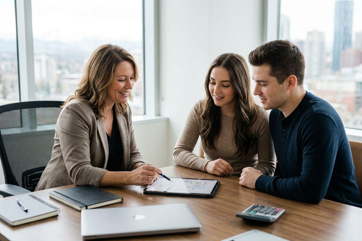 Advisor points at a document on a tablet, explaining it to two people at an office table with laptop and calculator.