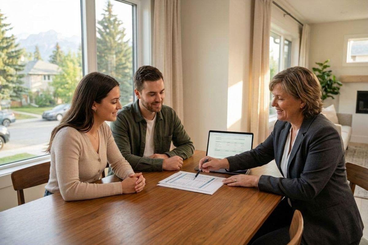 Advisor points pen at document across table to two adults, laptop nearby, in a bright room with large windows.