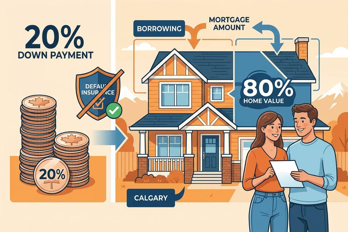 Illustration of a house with "20% Down Payment," coins, "80% Home Value," and two people holding a document in Calgary.
