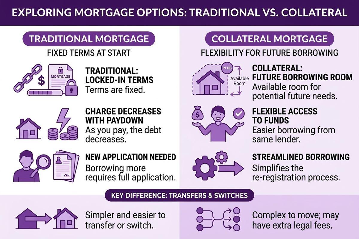 Infographic comparing traditional vs. collateral mortgages, covering fixed terms, borrowing flexibility, funds access, and transfer ease.