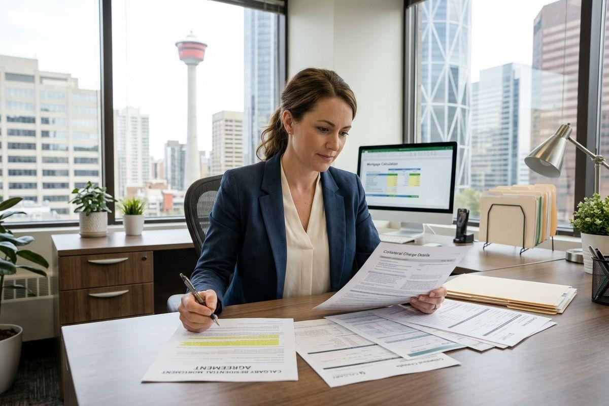 Person in blue blazer reviewing mortgage documents at an office desk, with a city skyline and tower visible through windows.