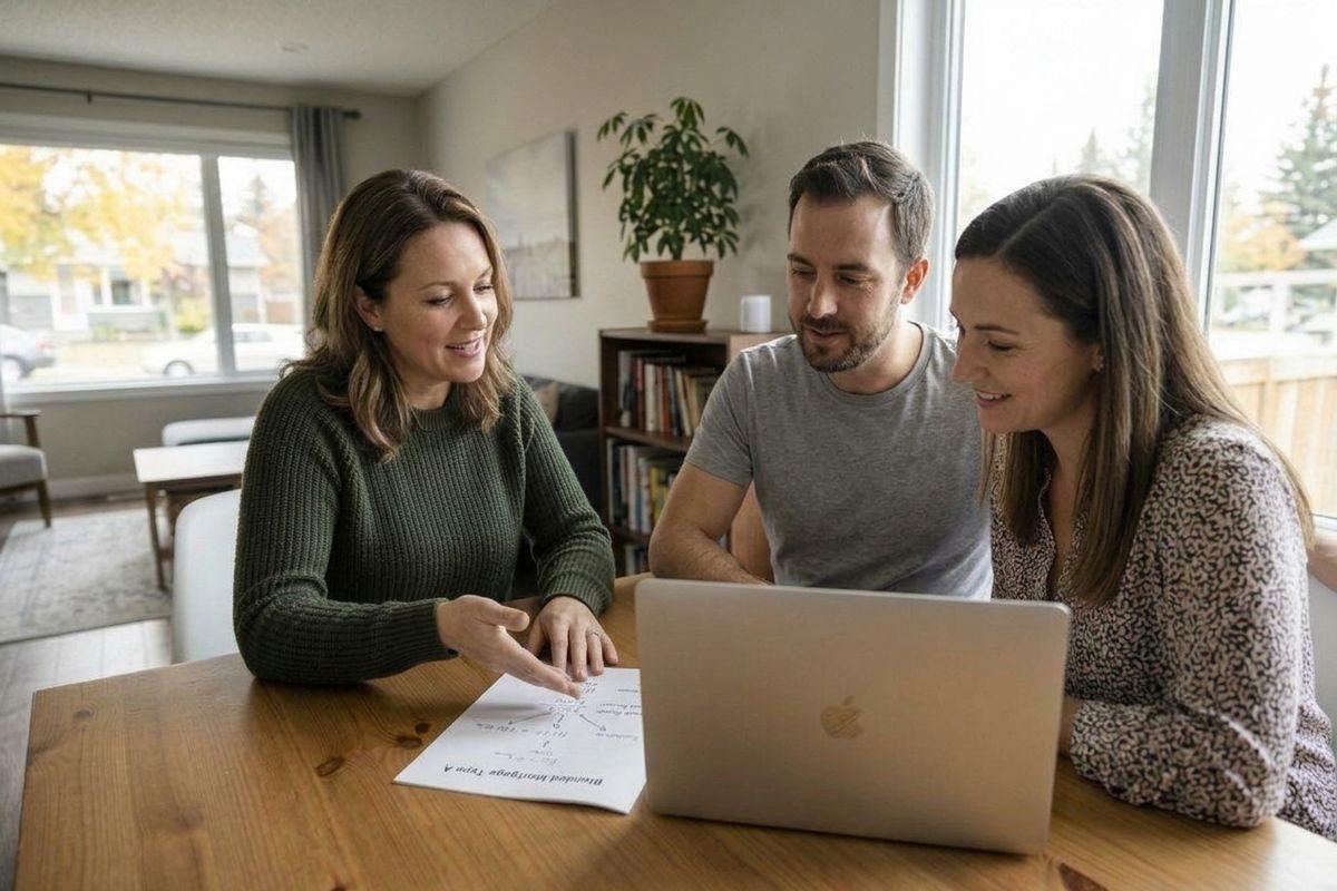 Three adults at a table looking at a laptop and a document, one pointing at the paper, smiling.